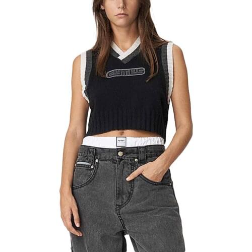 Women Autumn V-Neck Black Vest Vest Contrast Color Knitted Pullover Vest Casual Sleeveless Letter Pattern Loose Knit Vest