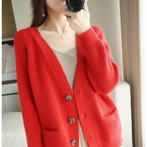 2021 Fall/Winter Womens Wool Cardigan Warm Knitted Sweater Jacket Pocket Fashion Knitted Cardigan Ladies Loose Sweater Jacket