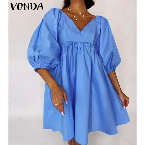 Women Short Dress 2021 VONDA Summer Sundress Solid Color Sexy V Neck Puff Sleeve Mini Dresses Pleated Party Vestidos