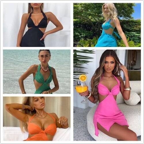 Summer Splicing Sleeveless V-Neck Halter Solid Bandage Sexy Slit Mini Dress Women Fashion Streetwear Party Vacation Clothing