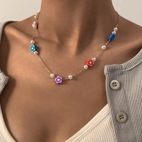 Vintage Ethnic Polymer Clay Colorful Flower Pearl Pendant Necklace Women Bohemian Chains Clavicle Necklace Collar Jewelry Gift