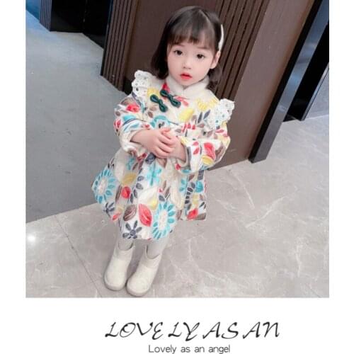 1-7Yrs Girls Winter Plus Velvet flower Dress 2021 Chinese Style Lace Net Yarn Thicken Colorful Princess Dress Party Costume