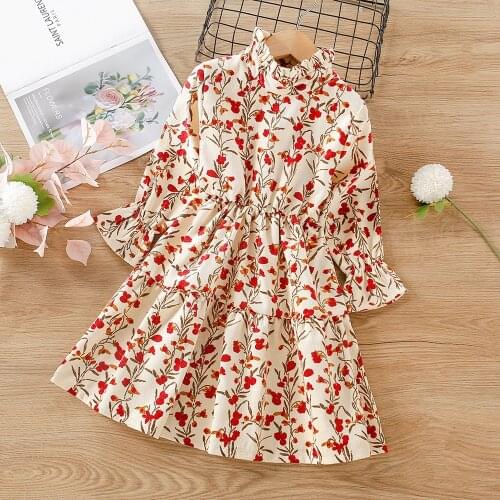 2021 Ditsy Floral Print Long Sleeve Girls Dress Autumn Baby Kids Flounce Sleeve Frill Neck Red Boho Dress Clothes for Girls New