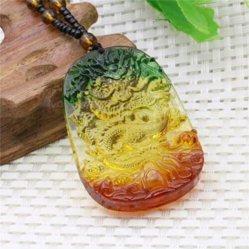 42X60mm Green Yellow Orange Gradient Color Dragon Glaze Beads Amulet Necklace 24inch Long Chain Neckware Jewelry Making Design