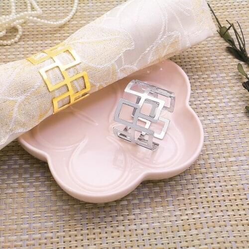 6Pcs/Set Metal Hollow Square Napkin Rings Gold Silver Napkin Holder For Wedding Dinner Towel Serviette Buckles Table Decoration