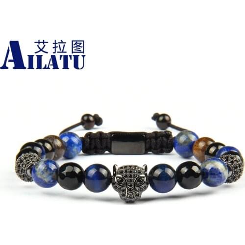 Ailatu New Micro Pave Black Cz Panther Leopard Macrame Bracelets with 8mm Natural Bronzite Beads Stainless Steel Jewelry