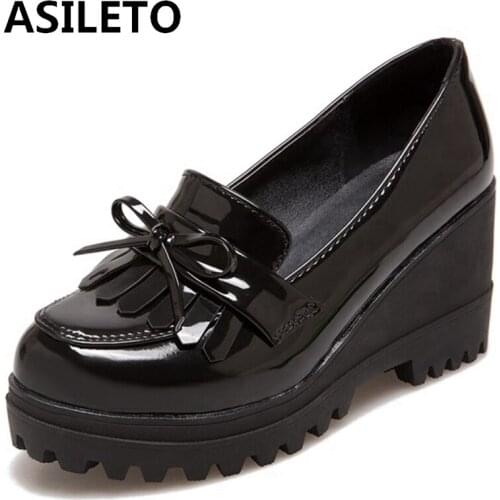ASILETO 2021 Concise Lady Pumps Leisure Platforms Slip On Bowtie Tassel Round Toe Chunky Heel Shoes Size 33-43 Black Red A4529