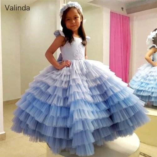 Tiered Blue Ball Gown Pageant Dresses for Birthday Party Formal Occasion Gowns Kids Couture