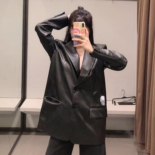 Black Pu Leather Blazer Suit Women Punk Solid Colors Single Breasted Normcore Office Blazer Cool Girl Bf Loose Minimalist Suits