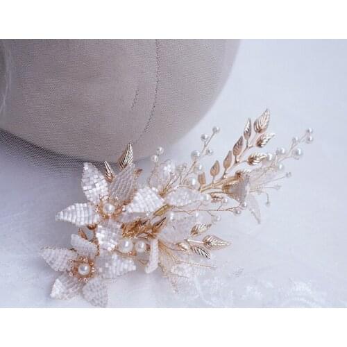 Delicate Beads Flower Hair Clip Bridal Comb Pearls Jewelry Gold Color Leaf Wedding Headpiece Women Hair Accessories