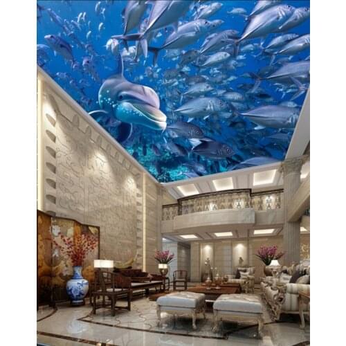 Deep sea fish dolphins living room bedroom ceiling mural Ceiling silk Wall Mural Wallpaper 3D