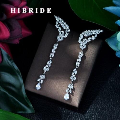 HIBRIDE Elegant Long Earrings for Wedding Party Top Quality AAA Clear Cubic Zirconia Crystal Vintage Drop Earrings Bijoux E-55