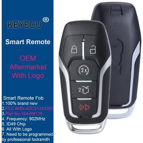 KEYECU OEM / Aftermarket Remote for Ford Fusion Mustang 2015 2016 2017 - 902MHz - FCC: M3N-A2C31243300 P/N:164-R8119 ID49 Chip