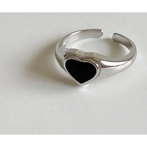 INS NEW Authentic S925 Sterling Silver FINE Jewelry Black Enamel Love Heart shape adjust ring TLJ839