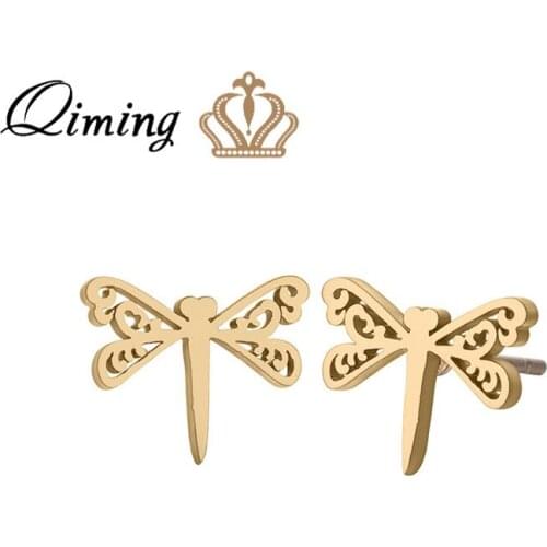QIMING Korean Dragonfly Earrings Insect Cute Stainless Steel Jewelry Ethnic African Gold Earring Women Pendientes Mujer Moda