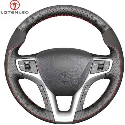 LQTENLEO Black Gneuine Leather Hand Sew Car Steering Wheel Cover For Hyundai I40 2011-2019