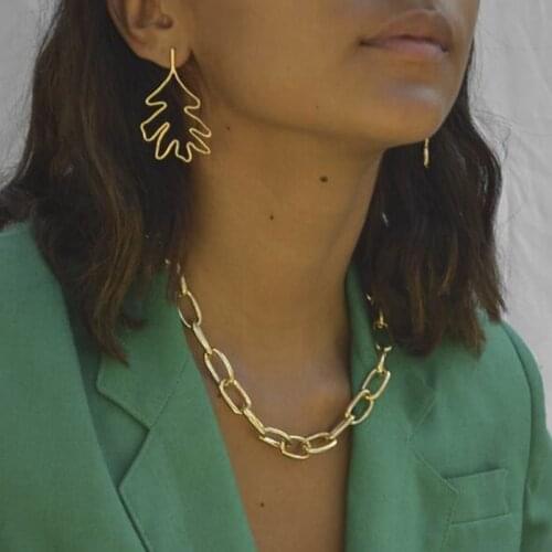 Fashion Boho Metal Earrings For Women Thick Chain Necklace Geometric Hollow Leaves Pendant Earrings Combination Vintage Jewelry
