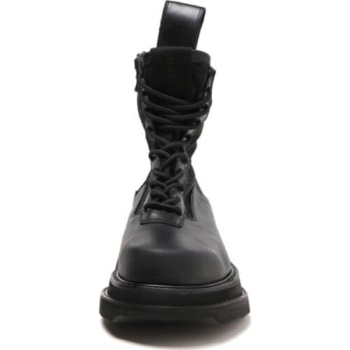 Thick Platform Height Increasing Mens Military Combat Boots High Top Genuine Leather Ankle Boots Lace Up Moto Biker Safety Shoes