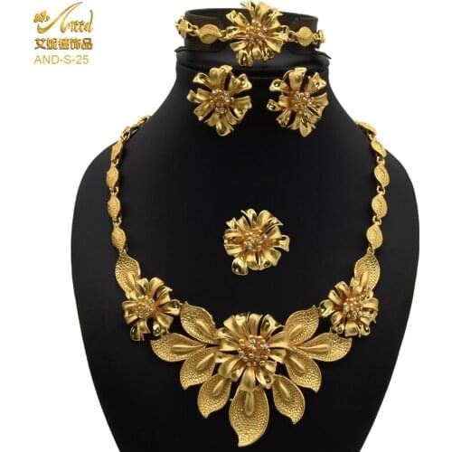 Necklace Sets For Women Bridal Earrings Indian Jewelery Set Gold Rings African Bracelet 4pcs Accessories Wedding Bridesmaid Gift
