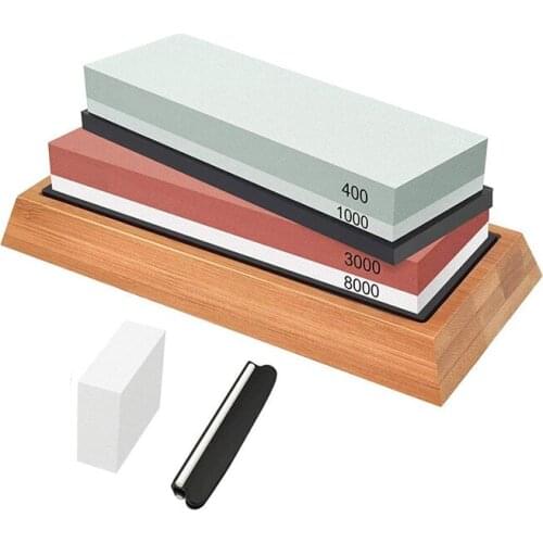 Knife Sharpening Stone Set - 4 Side Grit 400/1000 Premium Sharpener Stone Kit Includes NonSlip Bamboo Base, Angle Guide Retail