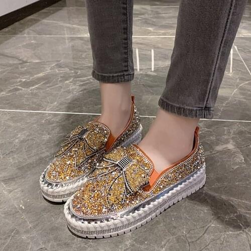 Autumn Womens Fashion Flats Butterfly-knot Slip-On Sewing Platform Round Toe Crystal Loafers Shoes
