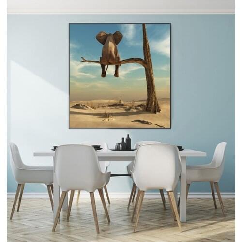 Posters and Prints for Kids Room Home Decor Funny Little Elephant on Tree Canvas Painting Wall Art Animal Pictures Nordic