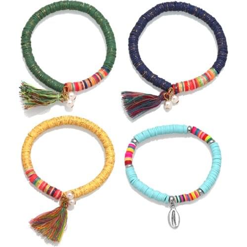 6mm Polymer Clay Discs Beads Stretch Bracelet Women Tassels Zinc Alloy Cowrie Seashell Pretty Colorful Summer Beach Jewelry Her