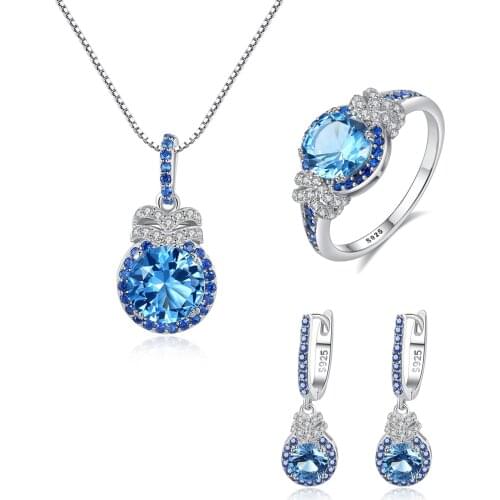 【MeIbaPJ】Luxury S925 Sterling Silver Sky Blue Zircon Ring Earrings Necklace Set for Women Wedding Jewelry
