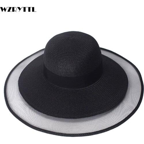 Elegant Black White Sun Beach Hat Wide BrimVeil Netting Fedora Floppy Big Brim Women Summer Straw Hats UV Protection Sun Hats