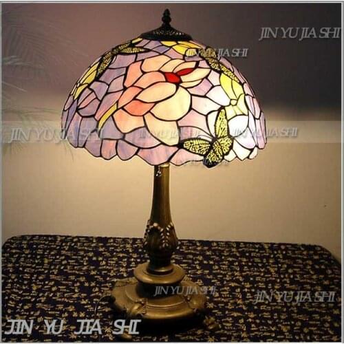 Tiffany Retro Purple Butterfly color art glass table lamp pastoral bedroom study room lamp 12inch