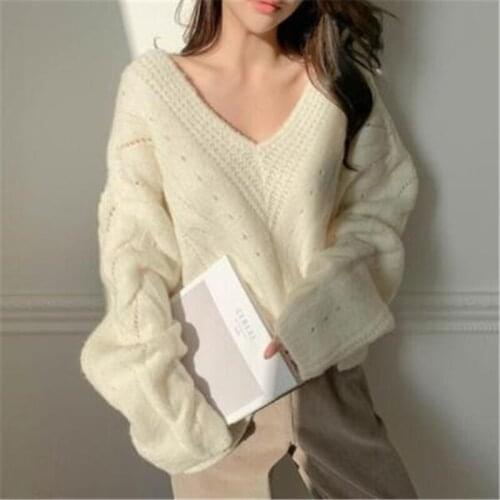 2021 Autumn Winter Women Sweaters Female Knitted Pullover Solid Twist V-neck Loose Elegant Office Lady Casual All Match Tops