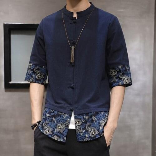 Traditional Chinese Top For Man Retro Tang Suit Half Sleeve Hanfu Shirt Summer Patchwork Male Tops Asian Harajuku T-Shirt KK3433