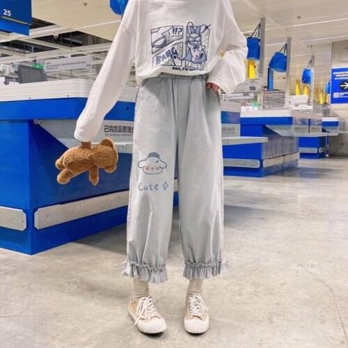 HOUZHOU Cartoon Printed Corduroy Pants Soft Girl Kawaii Harajuku Straight High Waist Oversize Aesthetic Trousers Korean Fashion