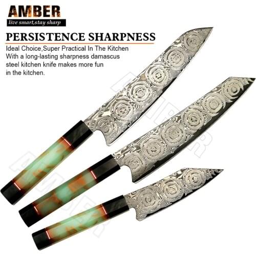 AMBER 8Inch VG10 67 Layers Damascus Steel Chef Kiritsuke Cooking Tools Ultra Sharp Fluorescent Resin Brass Wire Mesh Inside