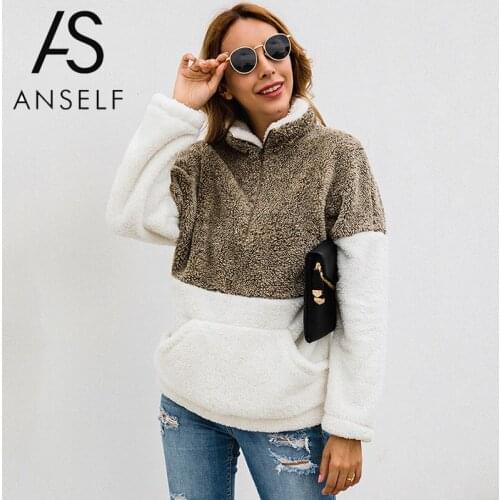 ANSELF Long Sleeve Hoodies female Top Women Hoodies Sweatshirt Warm Fluffy Sweatshirt Turtleneck Fleeces Contrast Color Pullover