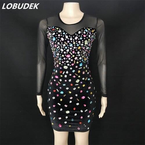 Ladies Evening Party Birthday Prom Rhinestones Dress Black Velvet Mesh Multicolor Crystals Stones Short Dress Singer Bar Costume