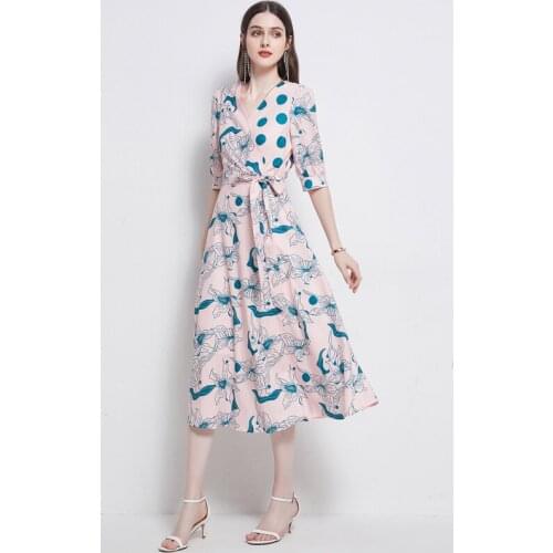 New 2021 Womens Summer Runway Party Dress Short sleeve V-Neck Floral Print Purple Elegant Midi Dress Vestidos k3663