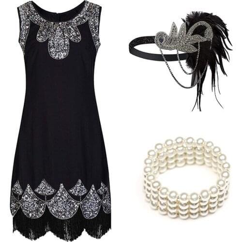 Womens 1920s Flapper Dresses Sequined Beaded Fringed Emblished Great Gatsby Vintage Braceletith Headband and bla