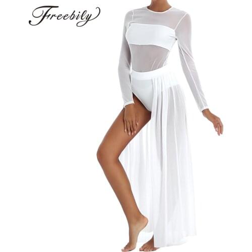 Women Long Sleeves Mesh Patchwork Back Zipper Figure Skating Dress Gymnastics Leotard Stage Performance Ballet Dance Costume