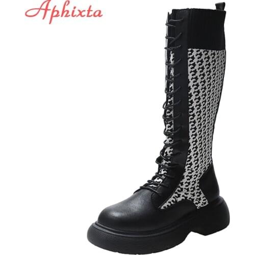 Aphixta 2021 Winter High Long Boots Women Fashion Over the Knee Beige Lace-up Comfortable Ladies Cotton Fabric Shoes Boots