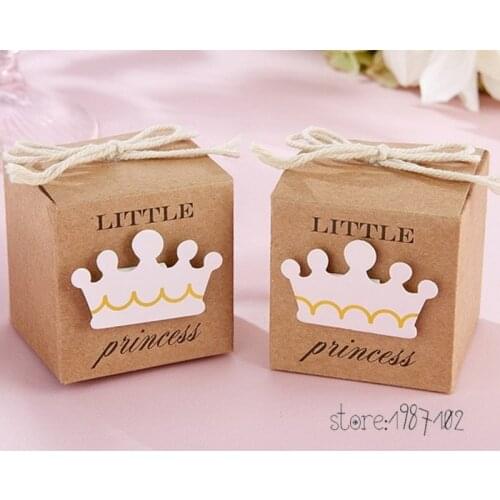 100pcs Little Prince Princess Square Crown Kraft Paper Baby Shower Candy Box Party Gift Boxes Girl Boy Kids Birthday Favors Box