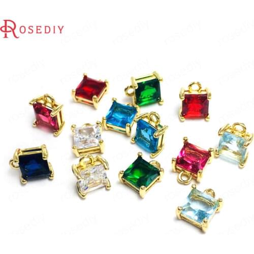 38273)10PCS 6MM 24K Champagne Gold Color Brass and Glass Square Charms Pendants High Quality Diy Jewelry Findings Accessories