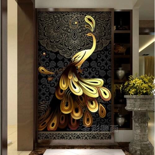 Black Bottom Golden Peacock Large Papel Murals 3d Animal Wallpaper for Living Room Sofa Background 3d Wall Stickers
