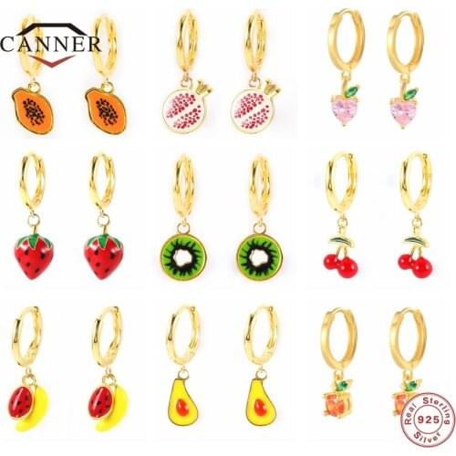 CANNER 100% 925 Sterling Silver Enamel Hoop Earrings for Women Fruit Charms Cherry Strawberry Watermelon Huggie Earring Jewelry