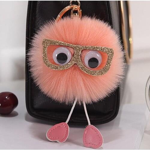 Lovely Glasses Car Keychain For Women Men Faux Rabbit Fur Pompon Ball Key Ring Holder Bags Hanging Pendant