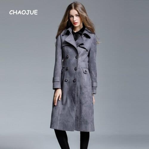 CHAOJUE Brand Extra Long Suede Trench Coat for women 2018 Fall/Winter New Design Plus size Outwear Office Lady Slim Overcoat