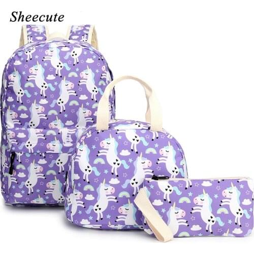3pcs/set Kids School Bags Girls Children Backpacks Purple Unicorn Student Bags Large Capacity Travel Backpack Laptop Bookbag