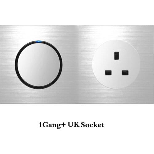 British Socket Double Panel 1Gang Switch+ UK Socket Household Silver Aluminum Alloy Panel Switch Socket 90V-250V