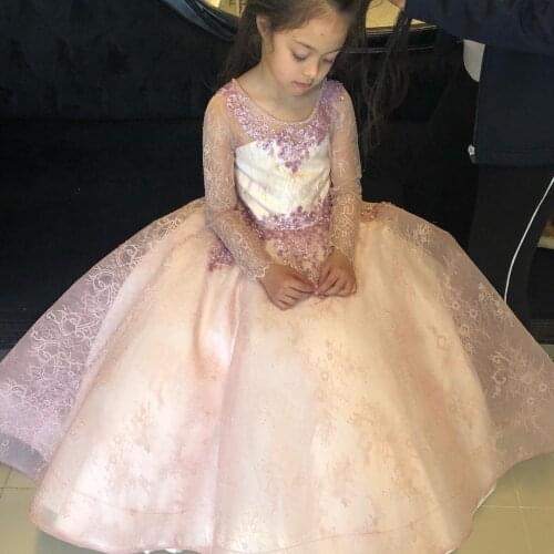 Elegant Beads Flower Girls Dress Cute O Neck Lace Long Sleeve Children Birthday Party Dresses Crystal Appliques Kids Wedding