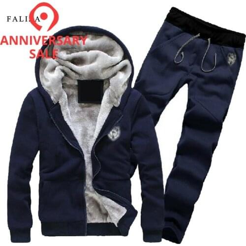 FALZIA Casual Tracksuit Mens Set Mens Winter Hoodies Two Piece Sets Zipper Cotton Inner Fleece Thick Hooded Jacket+ Pants Set109